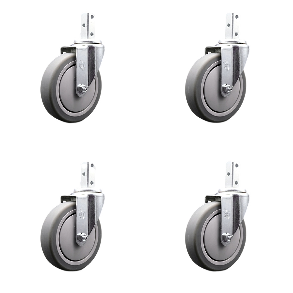 Swivel Square Stem Caster Set 4 w/5” x 1.25” Gray Thermoplastic Rubber Wheel-3/4” x 2” Square Stem with (3) 17/64” Diameter Mounting Holes-Include 4 Swivel-1200 lbs. Cpty/Caster - Service Caster Brand — photo 1