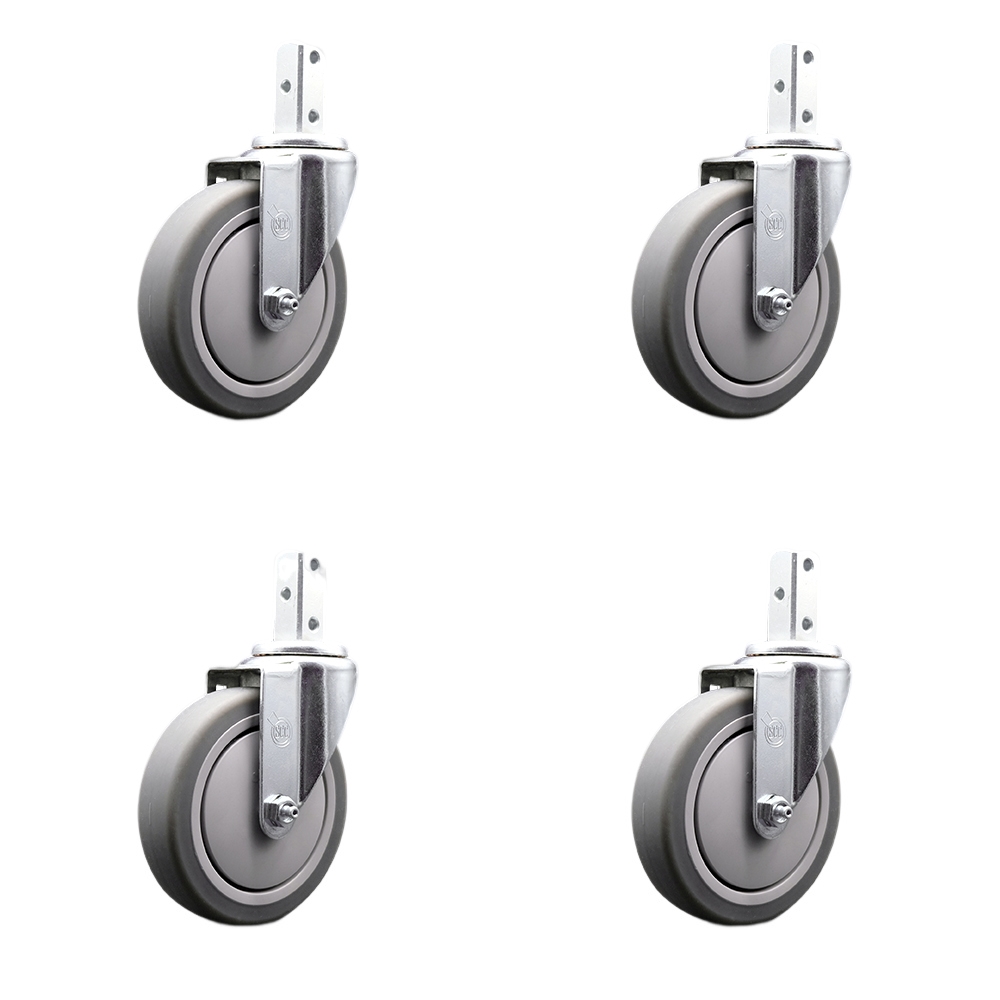 Swivel Square Stem Caster Set 4 w/5” x 1.25” Gray Thermoplastic Rubber Wheel-7/8” x 2” Square Stem with (3) 17/64” Diameter Mounting Holes-Include 4 Swivel-1200 lbs. Cpty/Caster - Service Caster Brand — photo 1