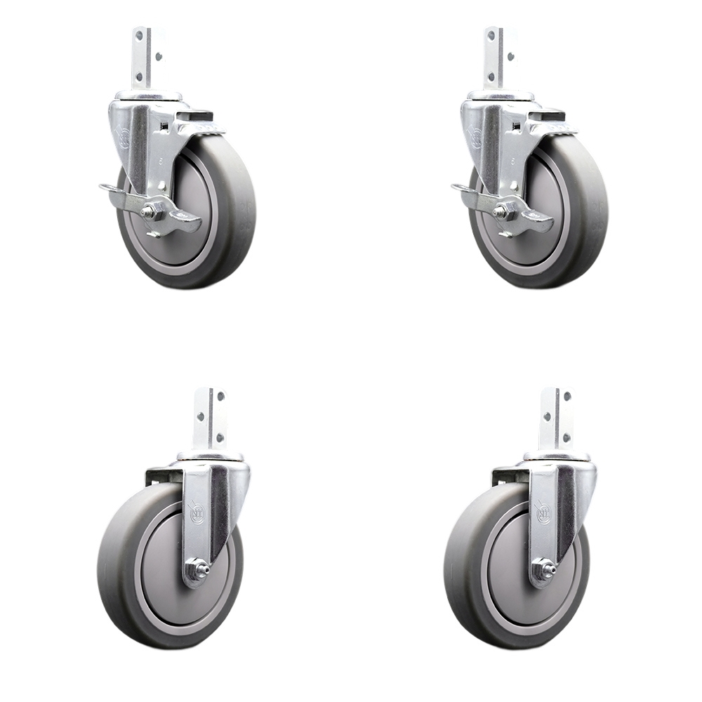 Swivel Square Stem Caster Set 4 w/5” x 1.25” Gray Thermoplastic Rubber Wheel - 3/4” x 2” Square Stem with (3) 17/64” Diameter Mounting Holes - Includes 2 Top Lock Brakes - Service Caster Brand — photo 1