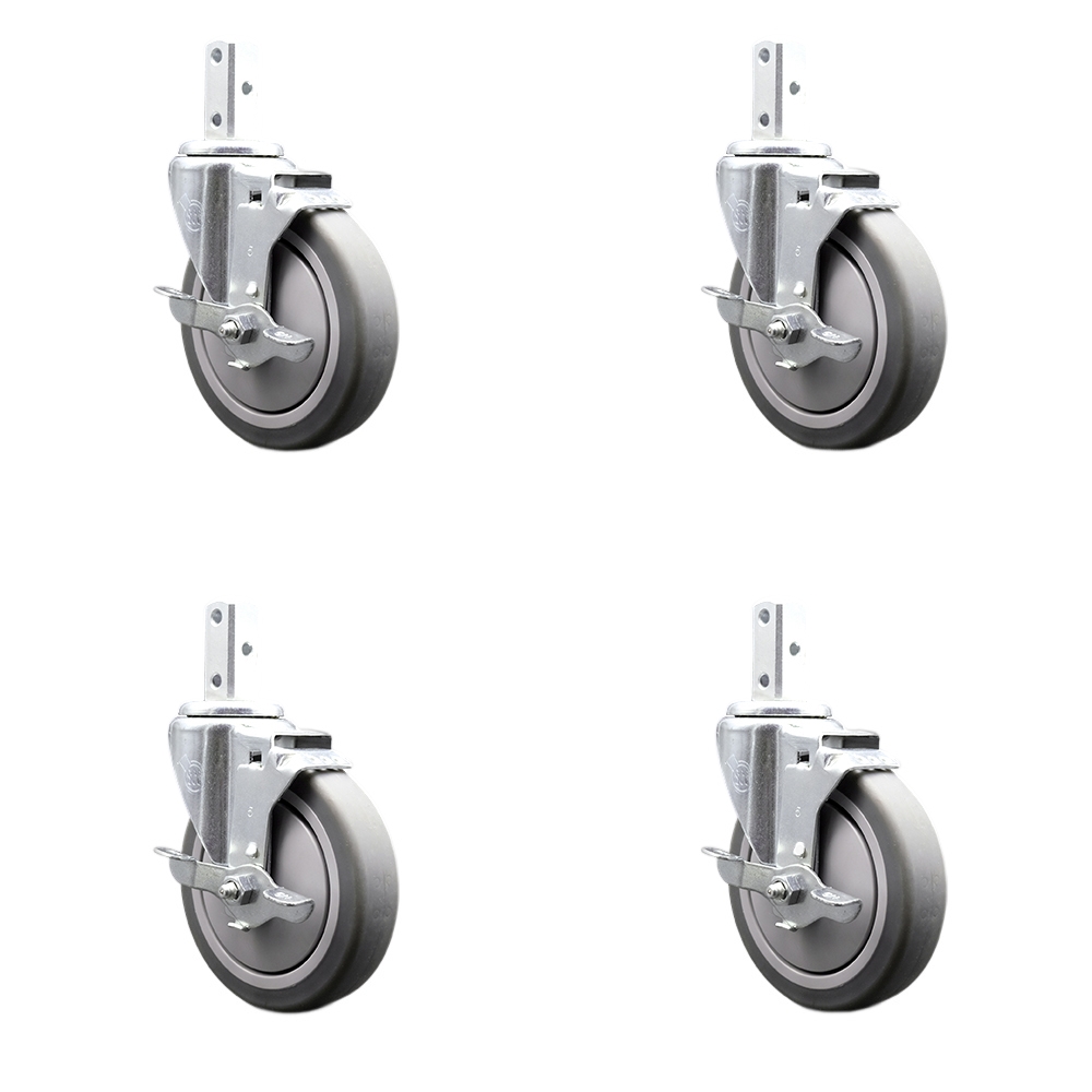 Swivel Square Stem Caster Set 4 w/5” x 1.25” Gray Thermoplastic Rubber Wheel - 3/4” x 2” Square Stem with (3) 17/64” Diameter Mounting Holes - Includes 4 Top Lock Brakes - Service Caster Brand — photo 1