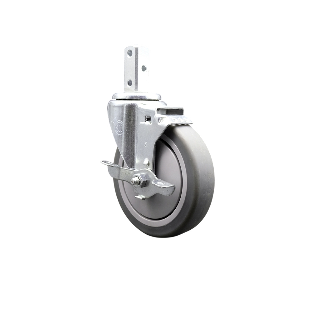 Swivel Square Stem Caster w/5” x 1.25” Gray Thermoplastic Rubber Wheel – 3/4” x 2” Square Stem with (3) 17/64” Diameter Mounting Holes&Top Lock Brakes – 300 lbs. Capacity/Caster – Service Caster Brand — photo 1