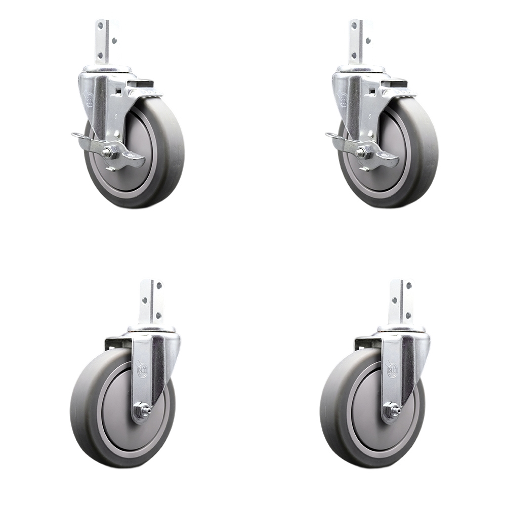 Swivel Square Stem Caster Set 4 w/5” x 1.25” Gray Thermoplastic Rubber Wheel - 7/8” x 2” Square Stem with (3) 17/64” Diameter Mounting Holes - Includes 2 Top Lock Brakes - Service Caster Brand — photo 1