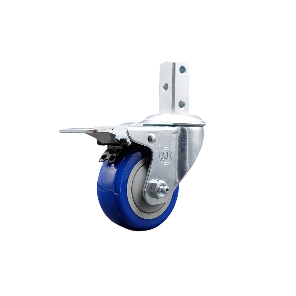 Swivel Square Stem Caster w/3” x 1.25” Blue Polyurethane Wheel – 7/8” x 2” Square Stem with (3) 17/64” Diameter Mounting Holes & Total Lock Brakes – 300 lbs. Capacity/Caster – Service Caster Brand — photo 1