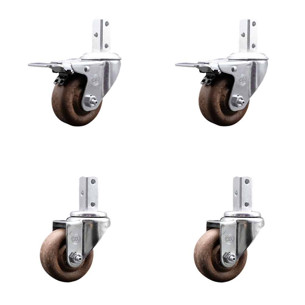 Swvl Square Stem Caster Set 4 w/3” x 1.25” Brown Glass Filled Nylon Wheel-3/4” x 2” Square Stem with (3) 17/64” Diameter Mounting Hole-Include 2 Total Lck BRK-1400lbs. Cpty/Caster-Service Caster Brand — photo 1
