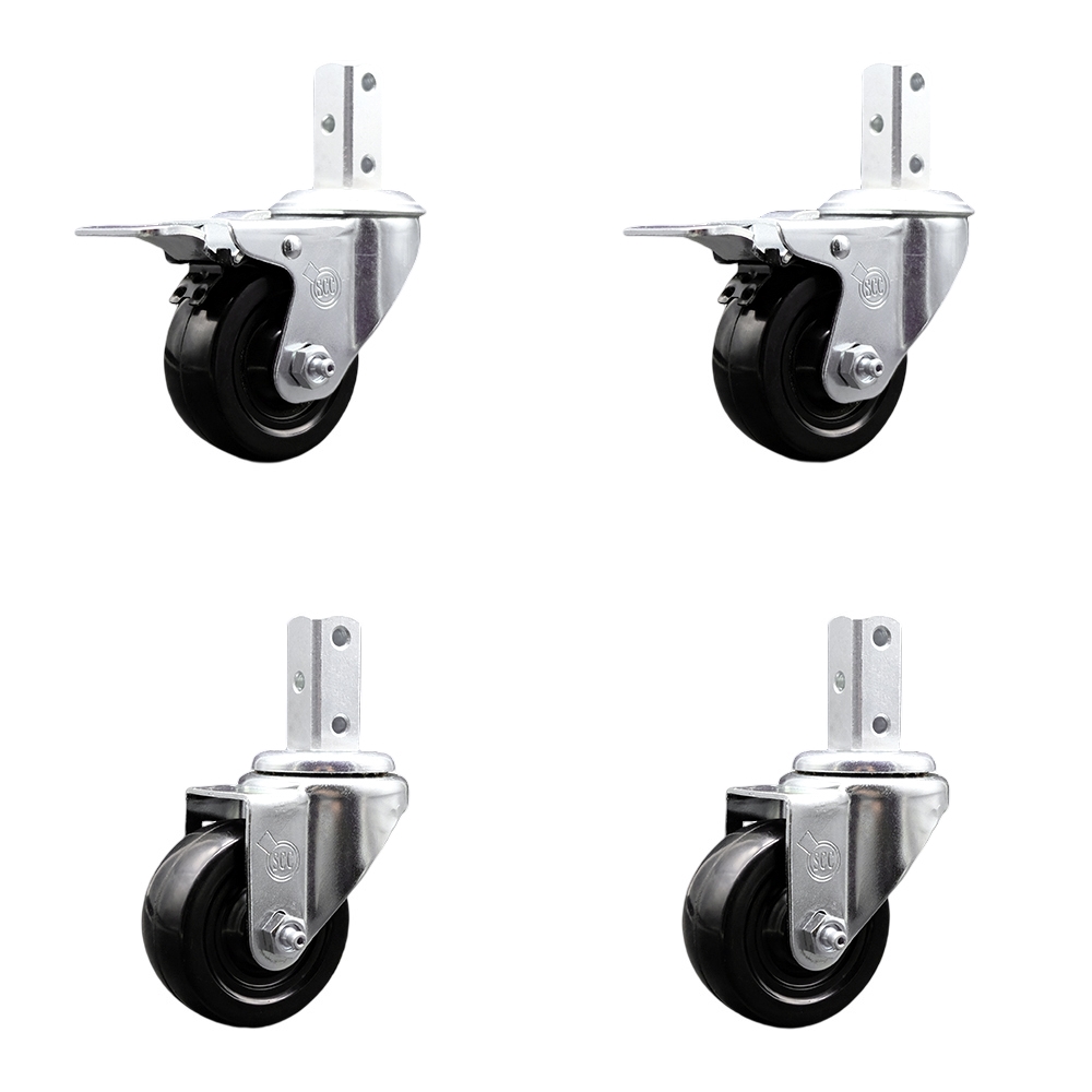 Swivel Square Stem Caster Set 4 w/3” x 1.25” Black Hard Rubber Wheel-3/4” x 2” Square Stem with (3) 17/64” Diameter Mounting Hole-Include 2 Total Lck Brakes-1100lbs. Cpty/Caster - Service Caster Brand — photo 1