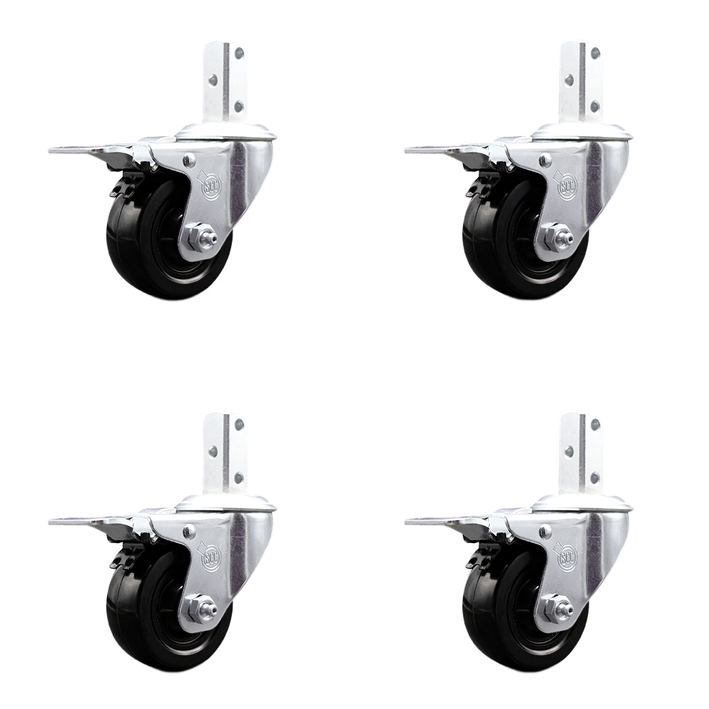 Swivel Square Stem Caster Set 4 w/3” x 1.25” Black Hard Rubber Wheel-3/4” x 2” Square Stem with (3) 17/64” Diameter Mounting Hole-Include 4 Total Lck Brakes-1100lbs. Cpty/Caster - Service Caster Brand — photo 1