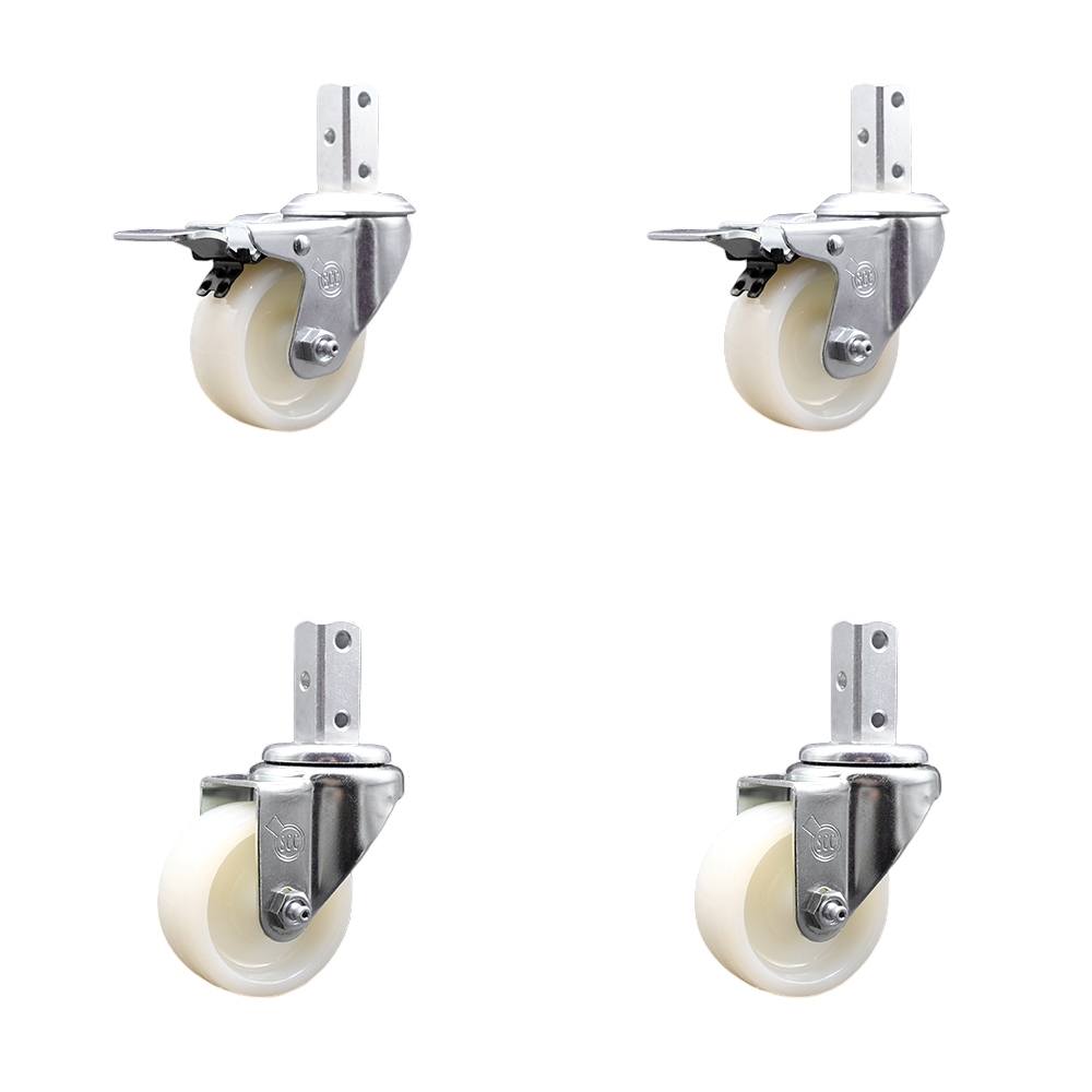 Swivel Square Stem Caster Set 4 w/3” x 1.25” White Nylon Wheel - 3/4” x 2” Square Stem with (3) 17/64” Diameter Mounting Holes- Includes 2 Total Lock Brakes-1200lbs. Cpty/Caster - Service Caster Brand — photo 1