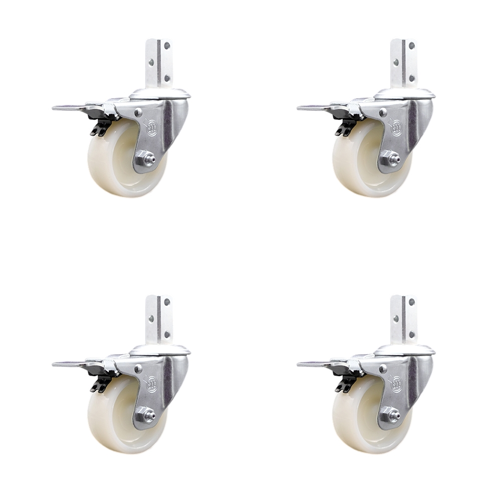 Swivel Square Stem Caster Set 4 w/3” x 1.25” White Nylon Wheel - 3/4” x 2” Square Stem with (3) 17/64” Diameter Mounting Holes- Includes 4 Total Lock Brakes-1200lbs. Cpty/Caster - Service Caster Brand — photo 1