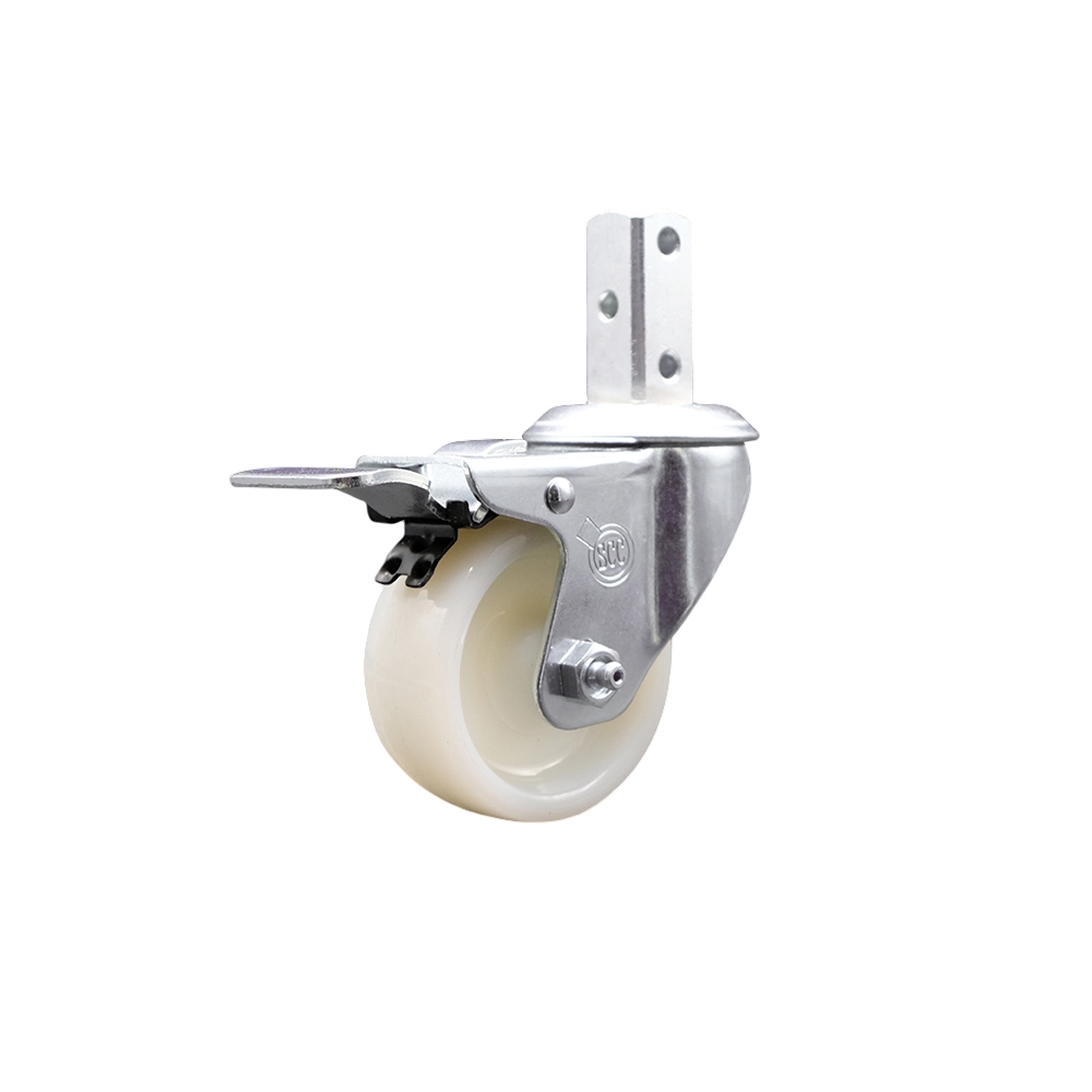 Swivel Square Stem Caster w/3” x 1.25” White Nylon Wheel – 3/4” x 2” Square Stem with (3) 17/64” Diameter Mounting Holes & Total Lock Brakes – 300 lbs. Capacity/Caster – Service Caster Brand — photo 1