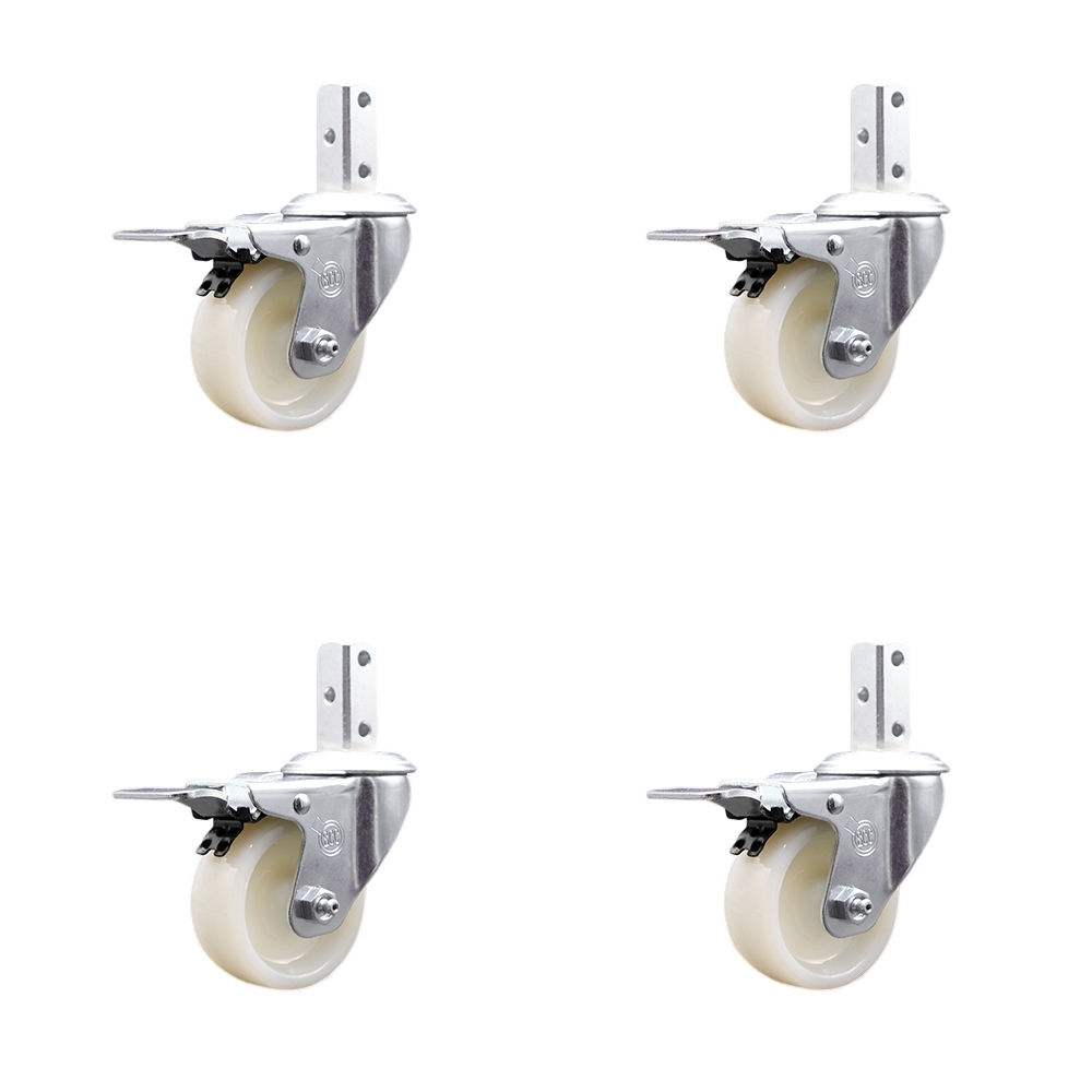 Swivel Square Stem Caster Set 4 w/3” x 1.25” White Nylon Wheel - 7/8” x 2” Square Stem with (3) 17/64” Diameter Mounting Holes- Includes 4 Total Lock Brakes-1200lbs. Cpty/Caster - Service Caster Brand — photo 1