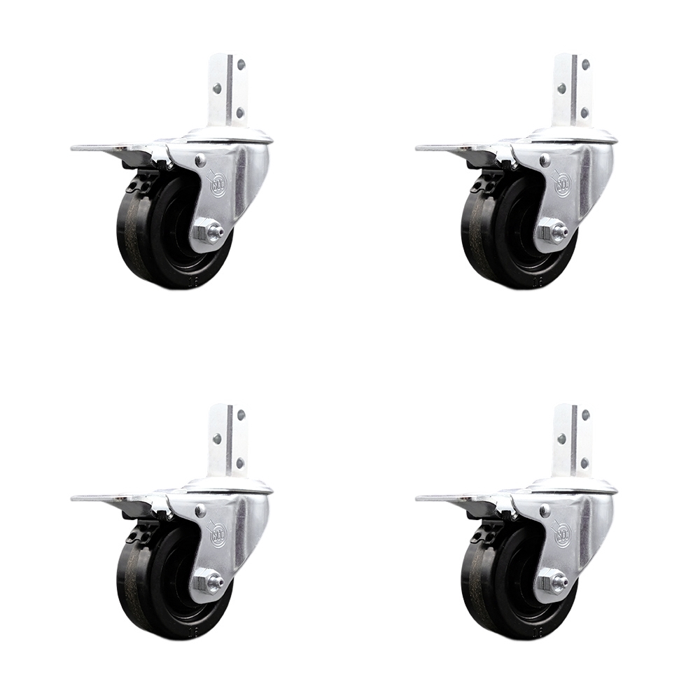 Swivel Square Stem Caster Set 4 w/3” x 1.25” Black Phenolic Wheel-3/4” x 2” Square Stem with (3) 17/64” Diameter Mounting Holes-Includes 4 Total Lock Brakes-1200lbs. Cpty/Caster - Service Caster Brand — photo 1