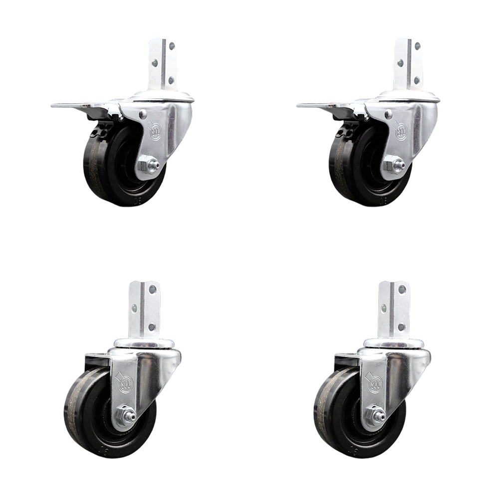 Swivel Square Stem Caster Set 4 w/3” x 1.25” Black Phenolic Wheel-7/8” x 2” Square Stem with (3) 17/64” Diameter Mounting Holes-Includes 2 Total Lock Brakes-1200lbs. Cpty/Caster - Service Caster Brand — photo 1