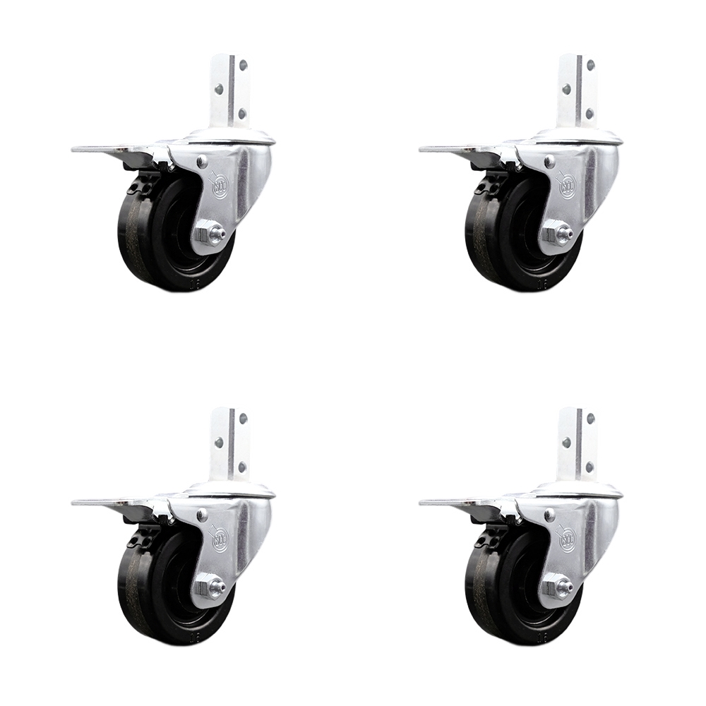 Swivel Square Stem Caster Set 4 w/3” x 1.25” Black Phenolic Wheel-7/8” x 2” Square Stem with (3) 17/64” Diameter Mounting Holes-Includes 4 Total Lock Brakes-1200lbs. Cpty/Caster - Service Caster Brand — photo 1