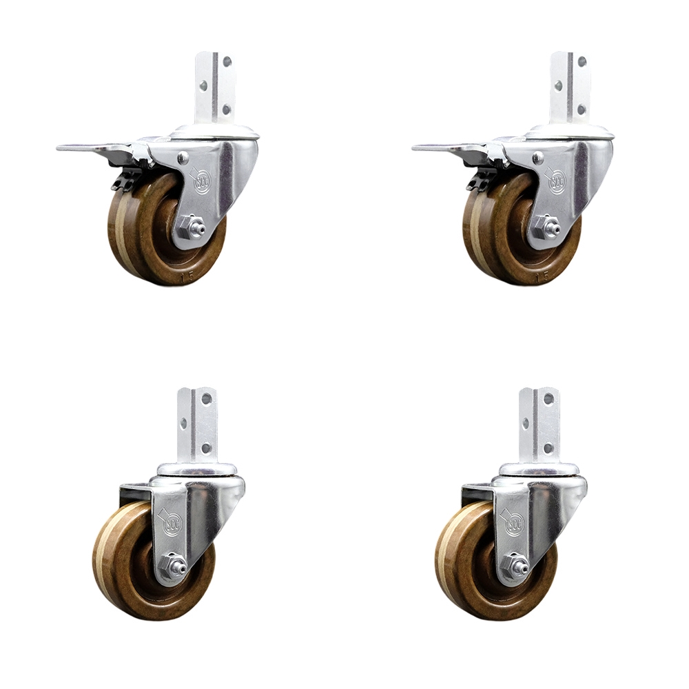 Swivel Square Stem Caster Set 4 w/3” x 1.25” Brown High Temp Phenolic Wheel - 7/8” x 2” Square Stem with (3) 17/64” Diameter Mounting Holes - Includes 2 Total Lock Brakes - Service Caster Brand — photo 1