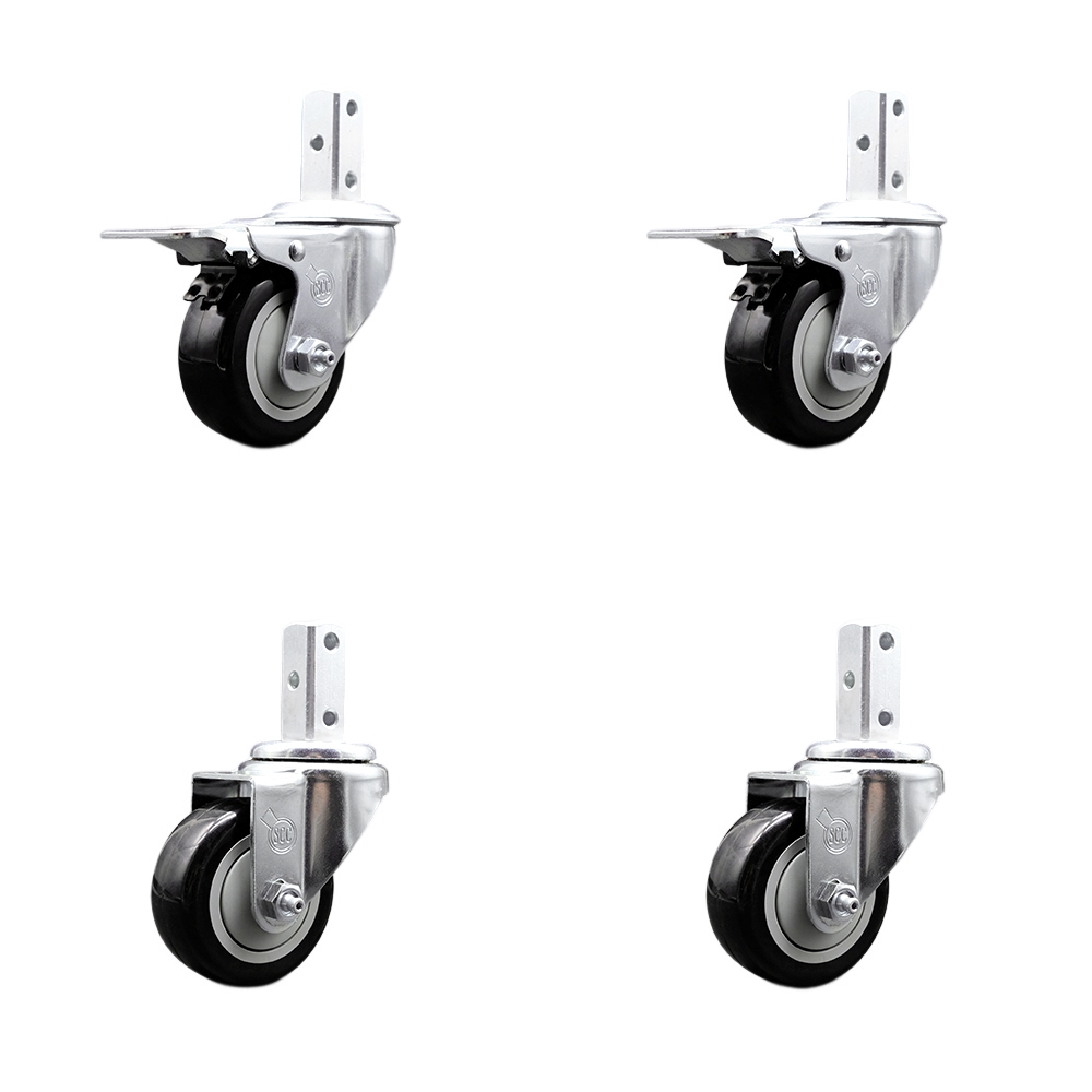 Swivel Square Stem Caster Set 4 w/3” x 1.25” Black Poly Wheel - 3/4” x 2” Square Stem with (3) 17/64” Diameter Mounting Holes - Includes 2 Total Lock Brakes-1200lbs. Cpty/Caster - Service Caster Brand — photo 1