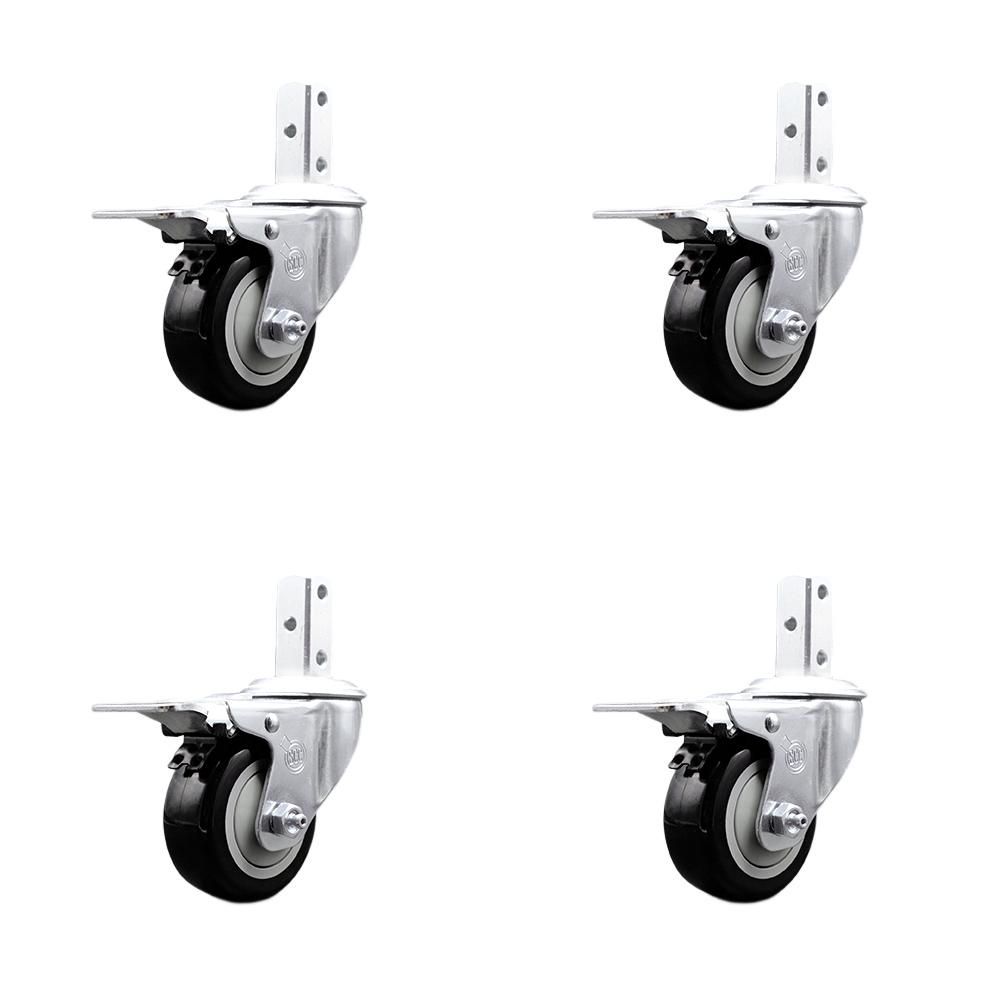 Swivel Square Stem Caster Set 4 w/3” x 1.25” Black Poly Wheel - 7/8” x 2” Square Stem with (3) 17/64” Diameter Mounting Holes - Includes 4 Total Lock Brakes-1200lbs. Cpty/Caster - Service Caster Brand — photo 1