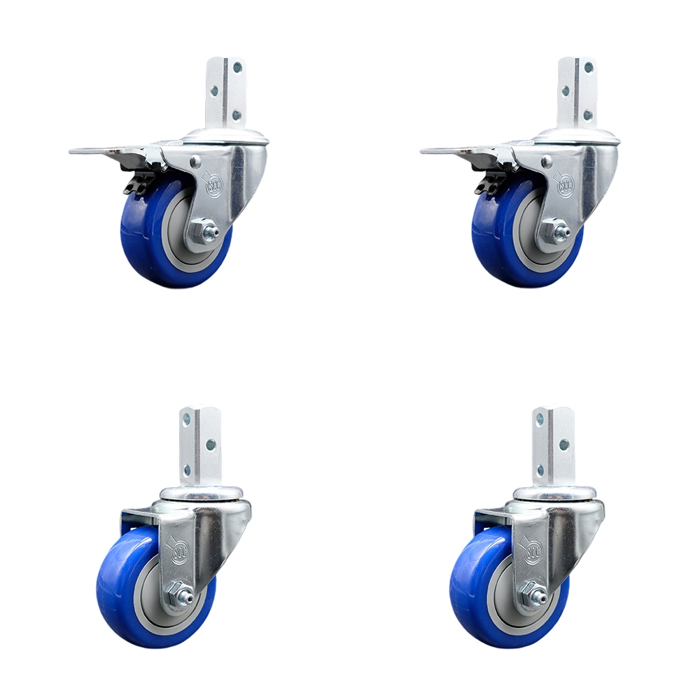 Swivel Square Stem Caster Set 4 w/3” x 1.25” Blue Poly Wheel - 3/4” x 2” Square Stem with (3) 17/64” Diameter Mounting Holes - Includes 2 Total Lock Brakes-1200lbs. Cpty/Caster - Service Caster Brand — photo 1