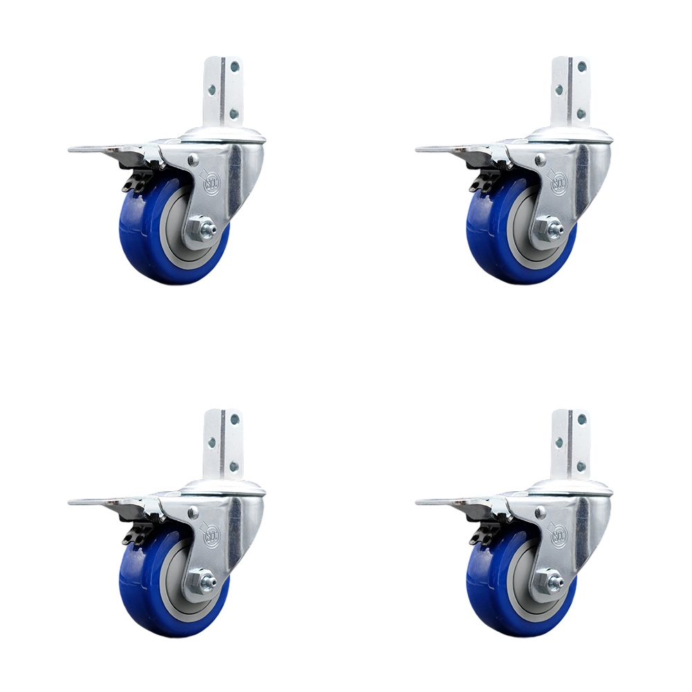 Swivel Square Stem Caster Set 4 w/3” x 1.25” Blue Poly Wheel - 3/4” x 2” Square Stem with (3) 17/64” Diameter Mounting Holes - Includes 4 Total Lock Brakes-1200lbs. Cpty/Caster - Service Caster Brand — photo 1
