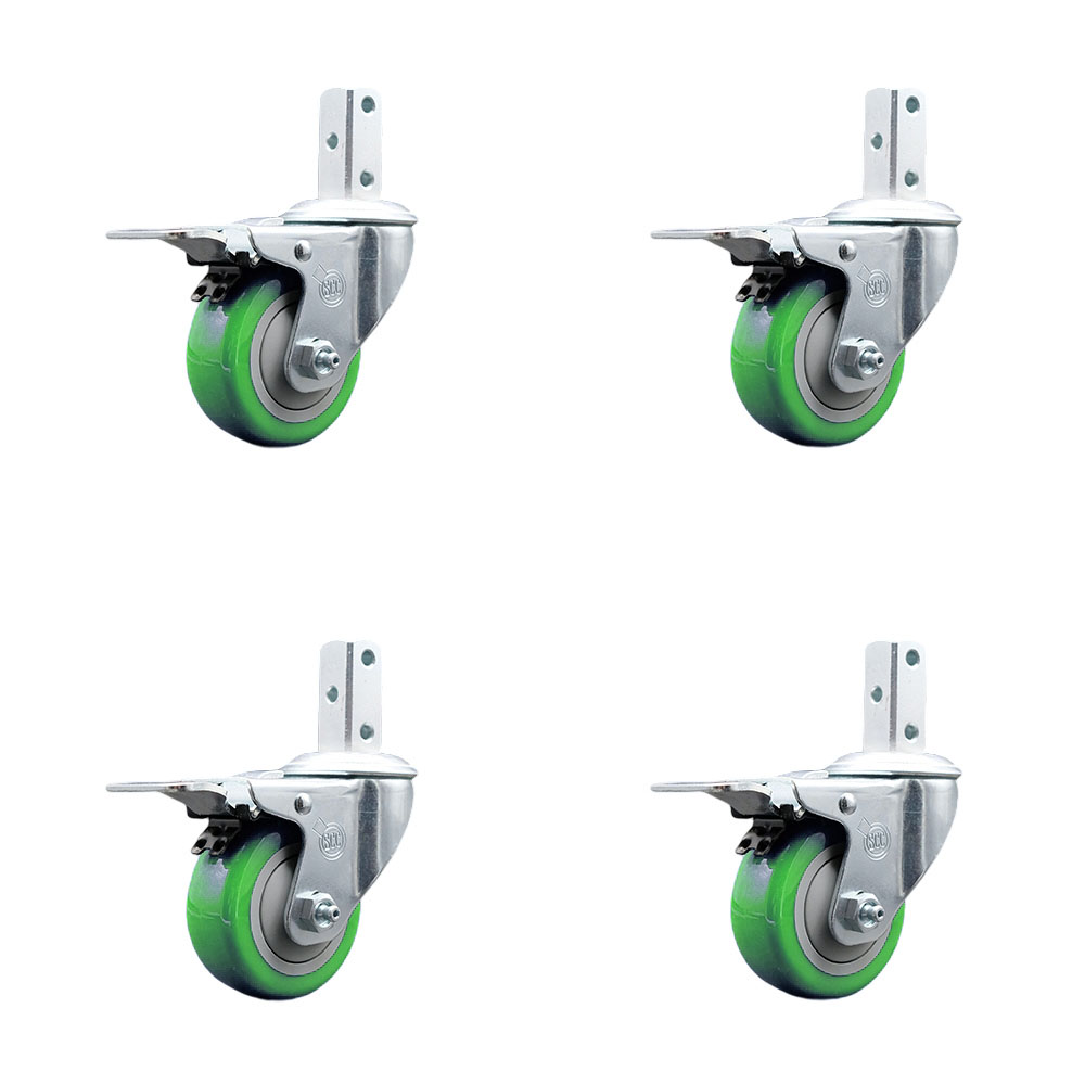 Swivel Square Stem Caster Set 4 w/3” x 1.25” Green Poly Wheel - 3/4” x 2” Square Stem with (3) 17/64” Diameter Mounting Holes - Includes 4 Total Lock Brakes-1200lbs. Cpty/Caster - Service Caster Brand — photo 1