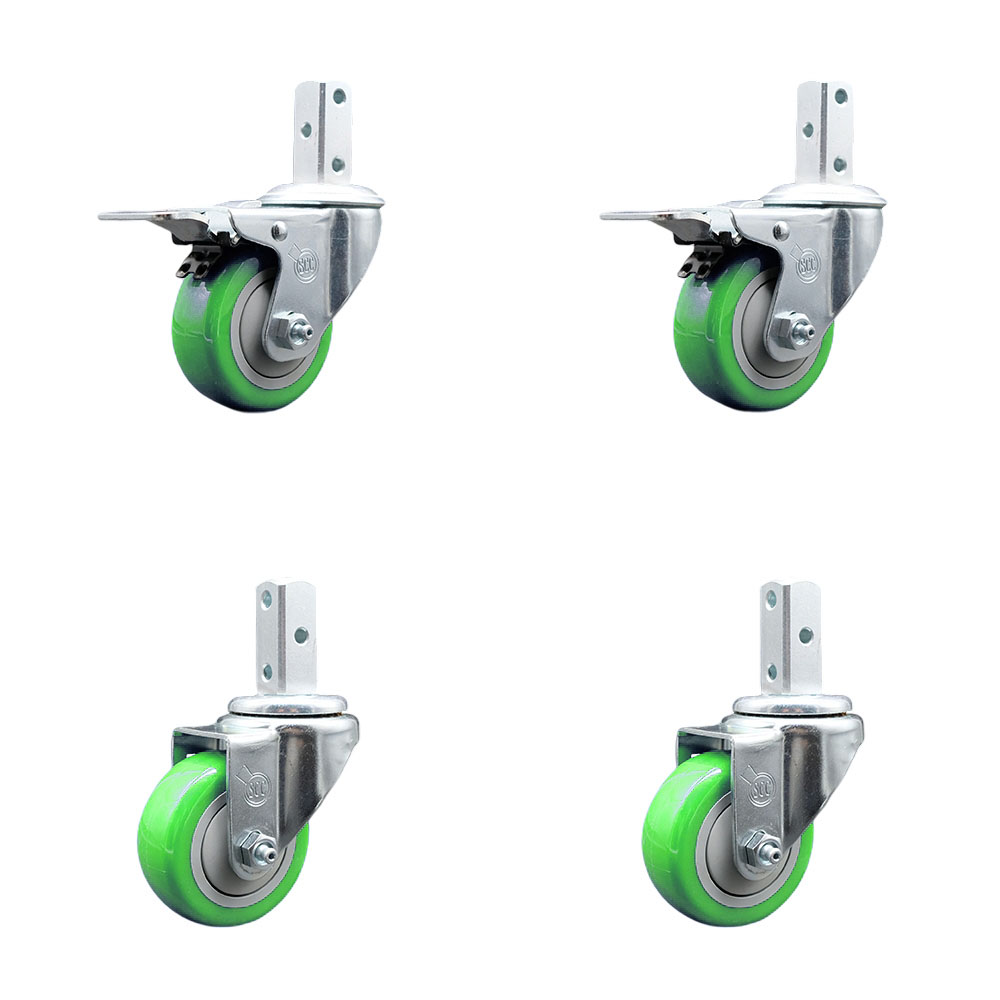 Swivel Square Stem Caster Set 4 w/3” x 1.25” Green Poly Wheel - 7/8” x 2” Square Stem with (3) 17/64” Diameter Mounting Holes - Includes 2 Total Lock Brakes-1200lbs. Cpty/Caster - Service Caster Brand — photo 1