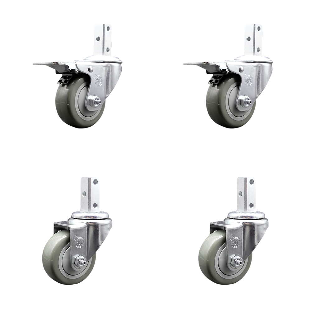 Swivel Square Stem Caster Set 4 w/3” x 1.25” Gray Poly Wheel - 3/4” x 2” Square Stem with (3) 17/64” Diameter Mounting Holes - Includes 2 Total Lock Brakes-1200lbs. Cpty/Caster - Service Caster Brand — photo 1