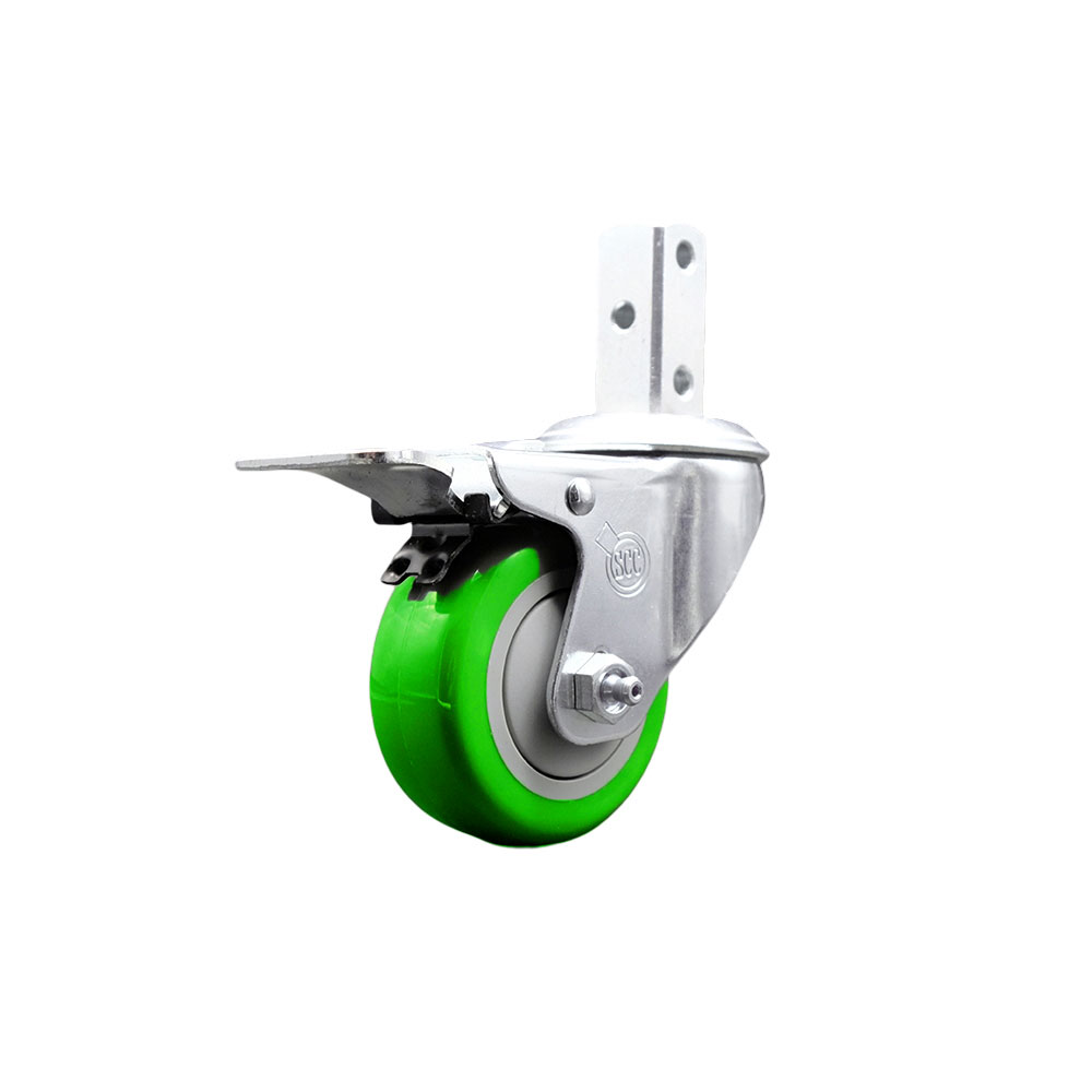 Swivel Square Stem Caster w/3” x 1.25” Green Polyurethane Wheel – 3/4” x 2” Square Stem with (3) 17/64” Diameter Mounting Holes & Total Lock Brakes – 300 lbs. Capacity/Caster – Service Caster Brand — photo 1