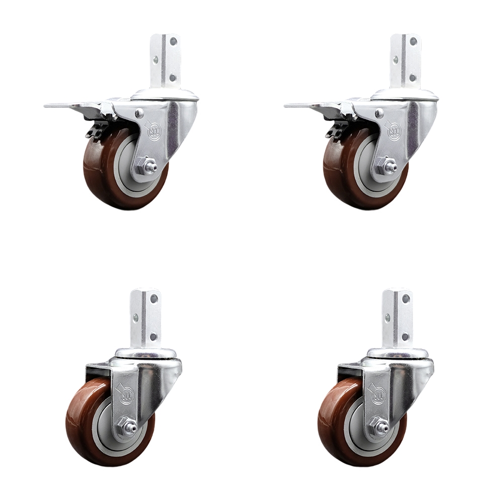 Swivel Square Stem Caster Set 4 w/3” x 1.25” Maroon Poly Wheel - 7/8” x 2” Square Stem with (3) 17/64” Diameter Mounting Holes- Includes 2 Total Lock Brakes-1200lbs. Cpty/Caster - Service Caster Brand — photo 1