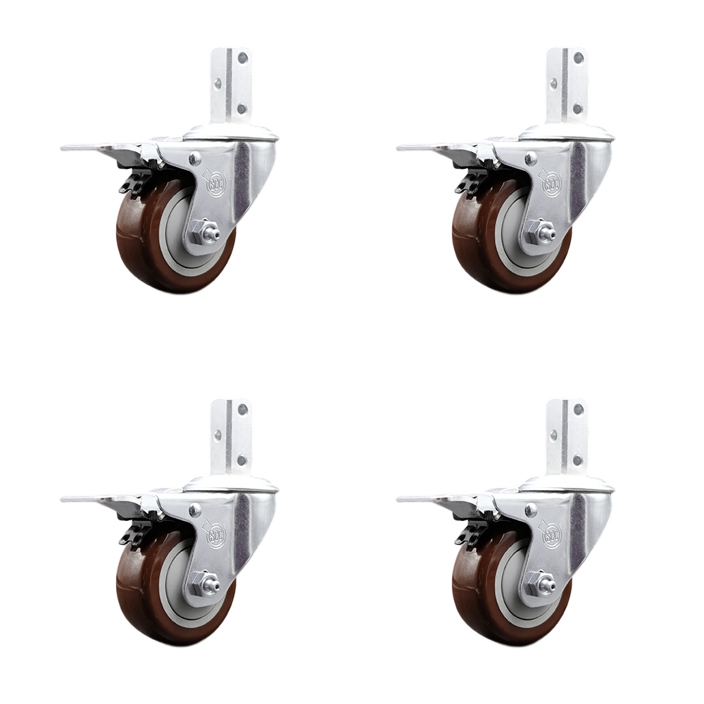 Swivel Square Stem Caster Set 4 w/3” x 1.25” Maroon Poly Wheel - 7/8” x 2” Square Stem with (3) 17/64” Diameter Mounting Holes- Includes 4 Total Lock Brakes-1200lbs. Cpty/Caster - Service Caster Brand — photo 1