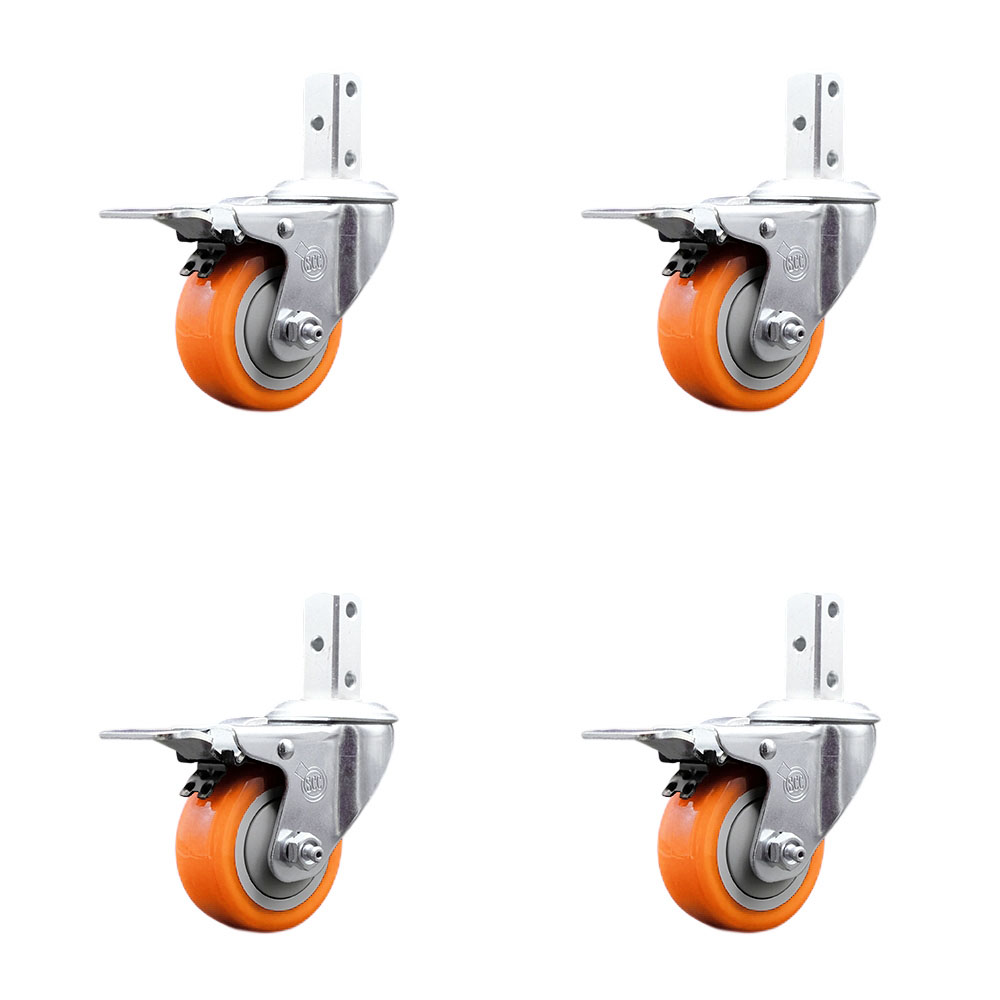 Swivel Square Stem Caster Set 4 w/3” x 1.25” Orange Poly Wheel - 3/4” x 2” Square Stem with (3) 17/64” Diameter Mounting Holes - Includes 4 Total Lock Brakes-1200lbs. Cpty/Caster- Service Caster Brand — photo 1