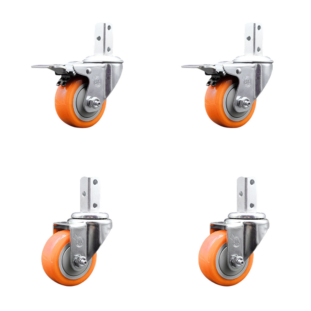Swivel Square Stem Caster Set 4 w/3” x 1.25” Orange Poly Wheel - 7/8” x 2” Square Stem with (3) 17/64” Diameter Mounting Holes - Includes 2 Total Lock Brakes-1200lbs. Cpty/Caster- Service Caster Brand — photo 1