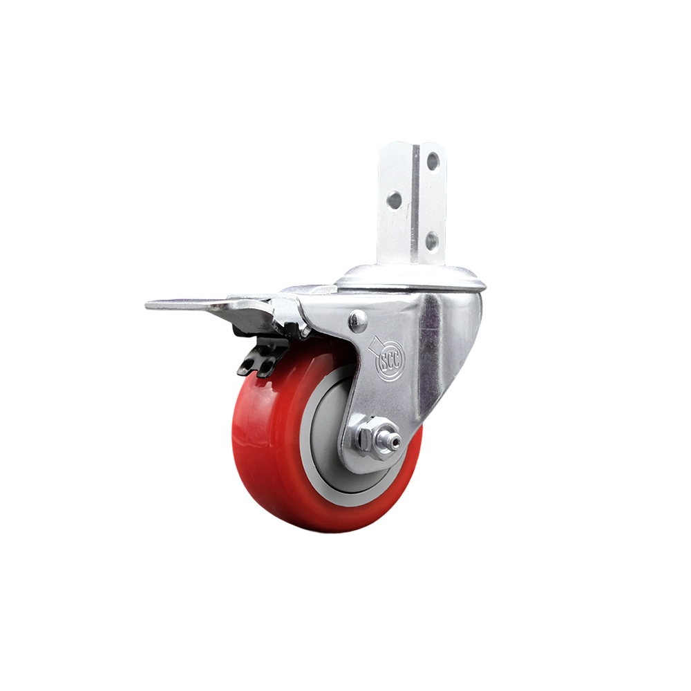 Swivel Square Stem Caster w/3” x 1.25” Red Polyurethane Wheel – 3/4” x 2” Square Stem with (3) 17/64” Diameter Mounting Holes & Total Lock Brakes – 300 lbs. Capacity/Caster – Service Caster Brand — photo 1