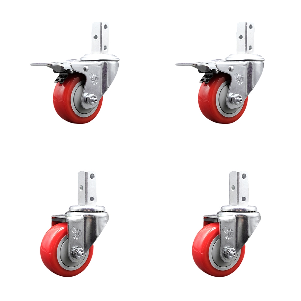 Swivel Square Stem Caster Set 4 w/3” x 1.25” Red Poly Wheel - 7/8” x 2” Square Stem with (3) 17/64” Diameter Mounting Holes - Includes 2 Total Lock Brakes-1200lbs. Cpty/Caster - Service Caster Brand — photo 1