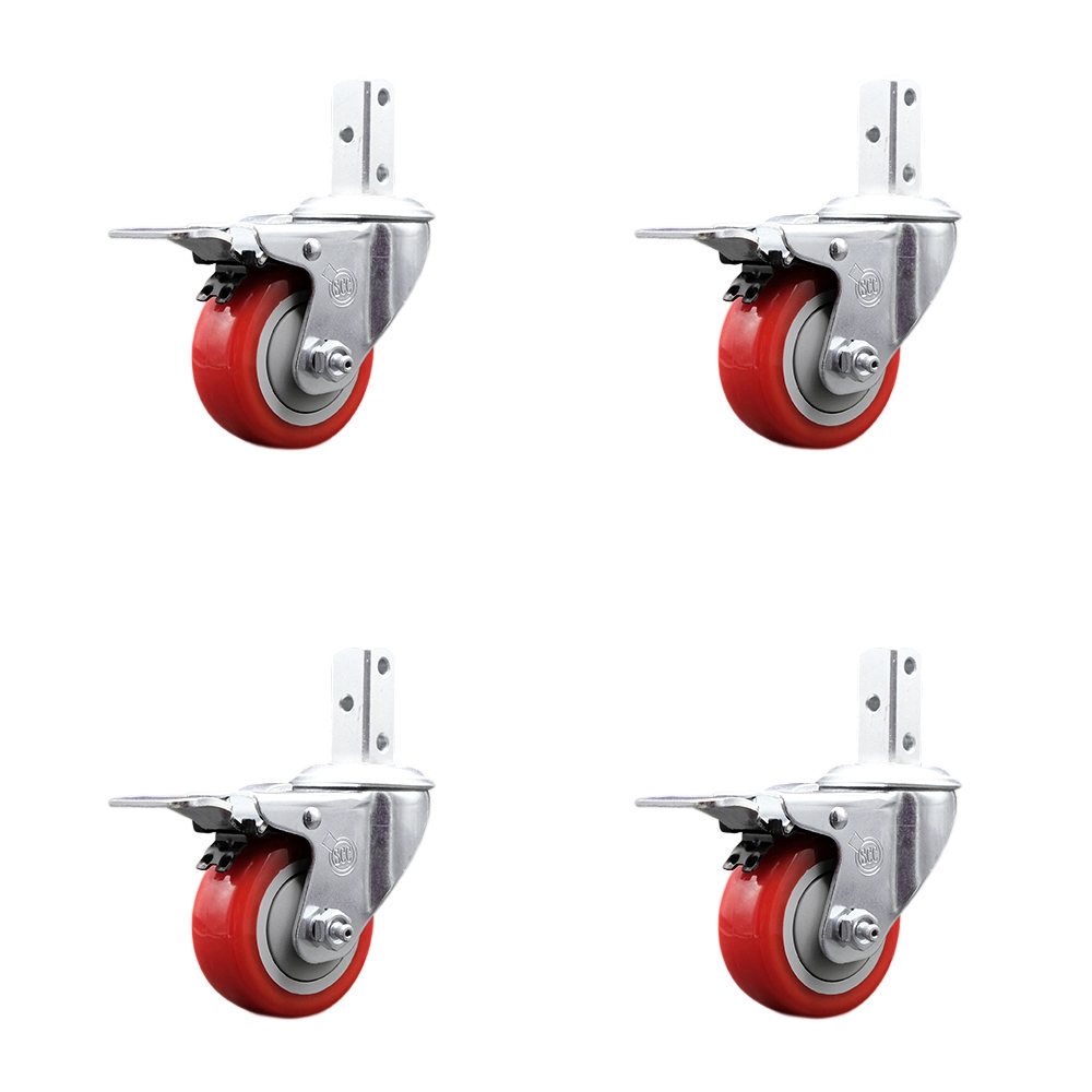 Swivel Square Stem Caster Set 4 w/3” x 1.25” Red Poly Wheel - 7/8” x 2” Square Stem with (3) 17/64” Diameter Mounting Holes - Includes 4 Total Lock Brakes-1200lbs. Cpty/Caster - Service Caster Brand — photo 1