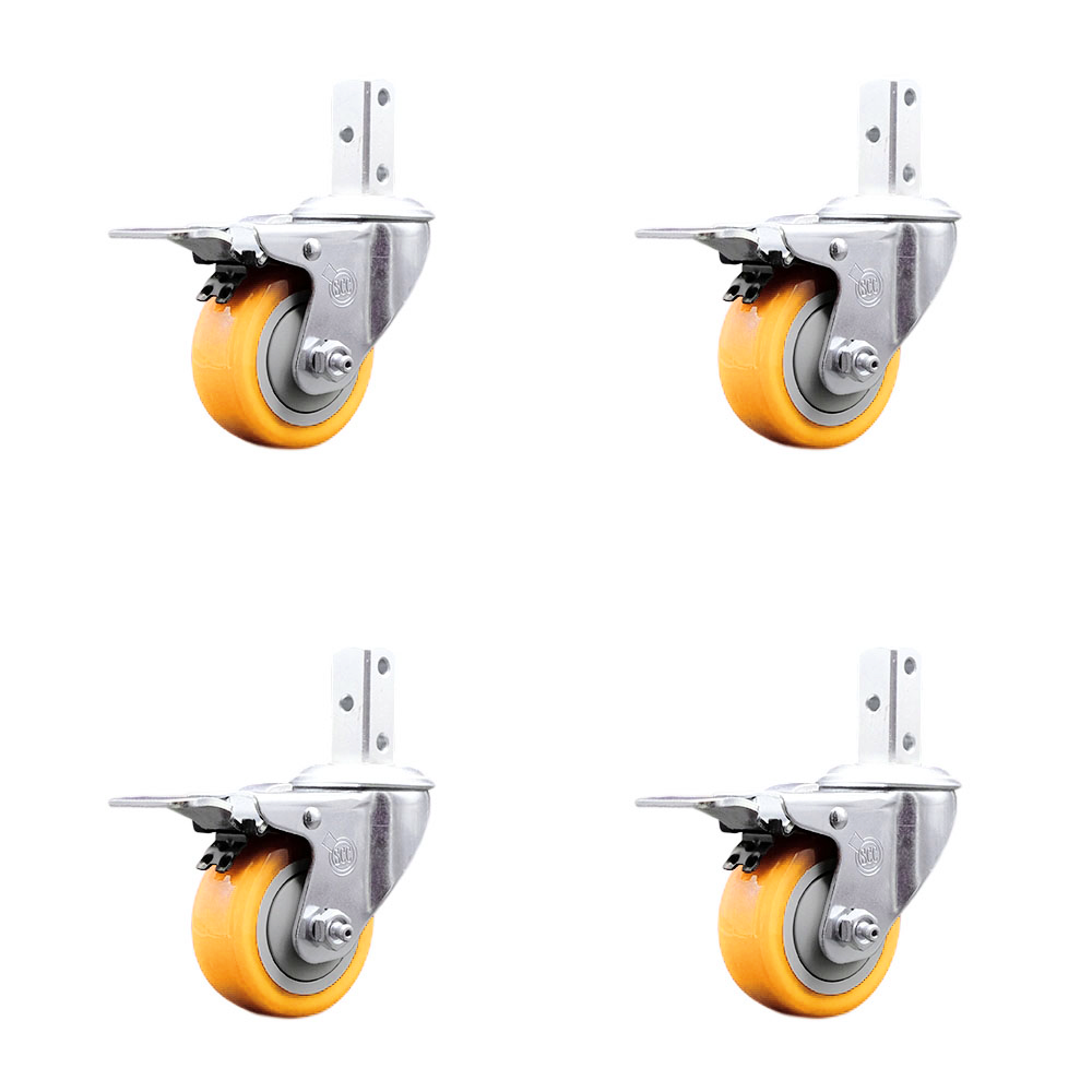 Swivel Square Stem Caster Set 4 w/3” x 1.25” Yellow Poly Wheel - 3/4” x 2” Square Stem with (3) 17/64” Diameter Mounting Holes - Includes 4 Total Lock Brakes-1200lbs. Cpty/Caster- Service Caster Brand — photo 1