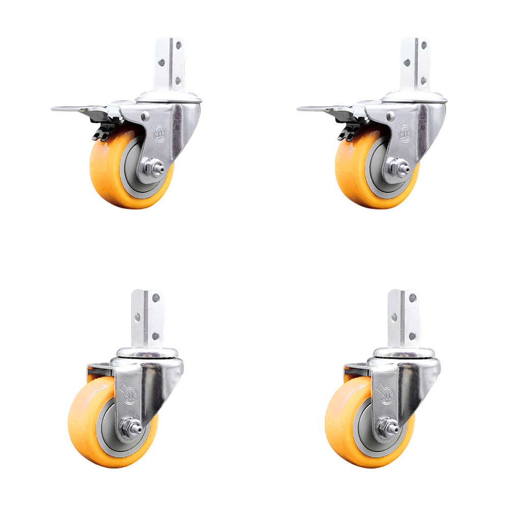 Swivel Square Stem Caster Set 4 w/3” x 1.25” Yellow Poly Wheel - 7/8” x 2” Square Stem with (3) 17/64” Diameter Mounting Holes - Includes 2 Total Lock Brakes-1200lbs. Cpty/Caster- Service Caster Brand — photo 1
