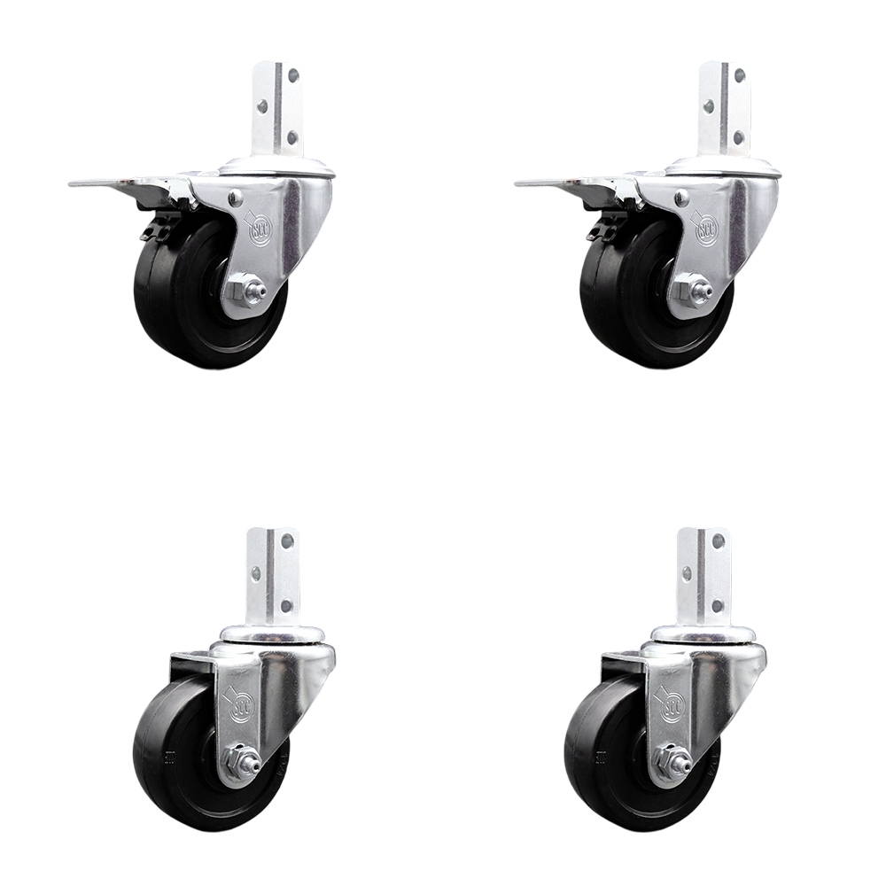 Swivel Square Stem Caster Set 4 w/3” x 1.25” Black Soft Rubber Wheel-3/4” x 2” Square Stem with (3) 17/64” Diameter Mounting Holes-Includes 2 Total Lock Brakes-700lbs. Cpty/Caster-Service Caster Brand — photo 1