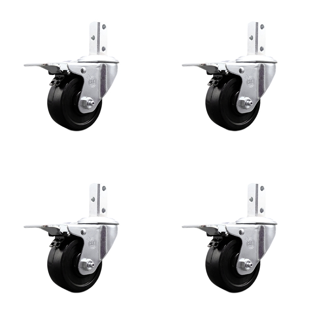 Swivel Square Stem Caster Set 4 w/3” x 1.25” Black Soft Rubber Wheel-3/4” x 2” Square Stem with (3) 17/64” Diameter Mounting Holes-Includes 4 Total Lock Brakes-700lbs. Cpty/Caster-Service Caster Brand — photo 1
