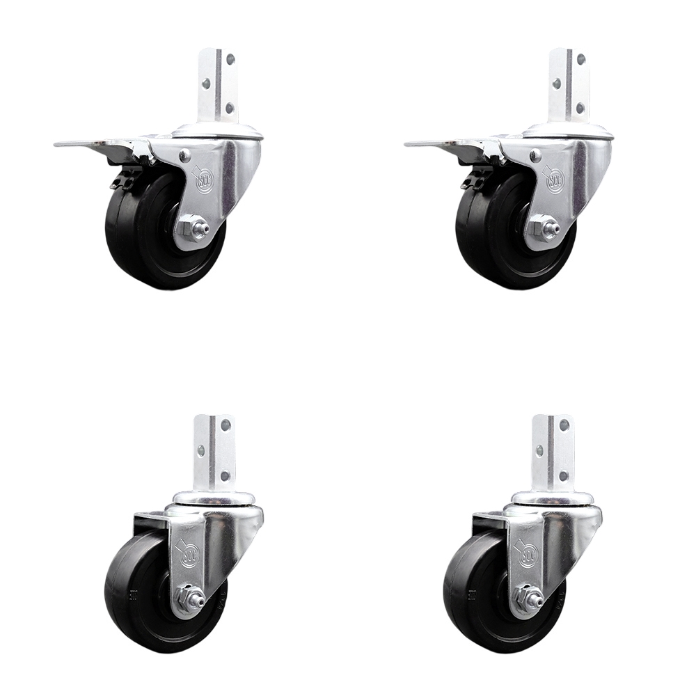 Swivel Square Stem Caster Set 4 w/3” x 1.25” Black Soft Rubber Wheel-7/8” x 2” Square Stem with (3) 17/64” Diameter Mounting Holes-Includes 2 Total Lock Brakes-700lbs. Cpty/Caster-Service Caster Brand — photo 1