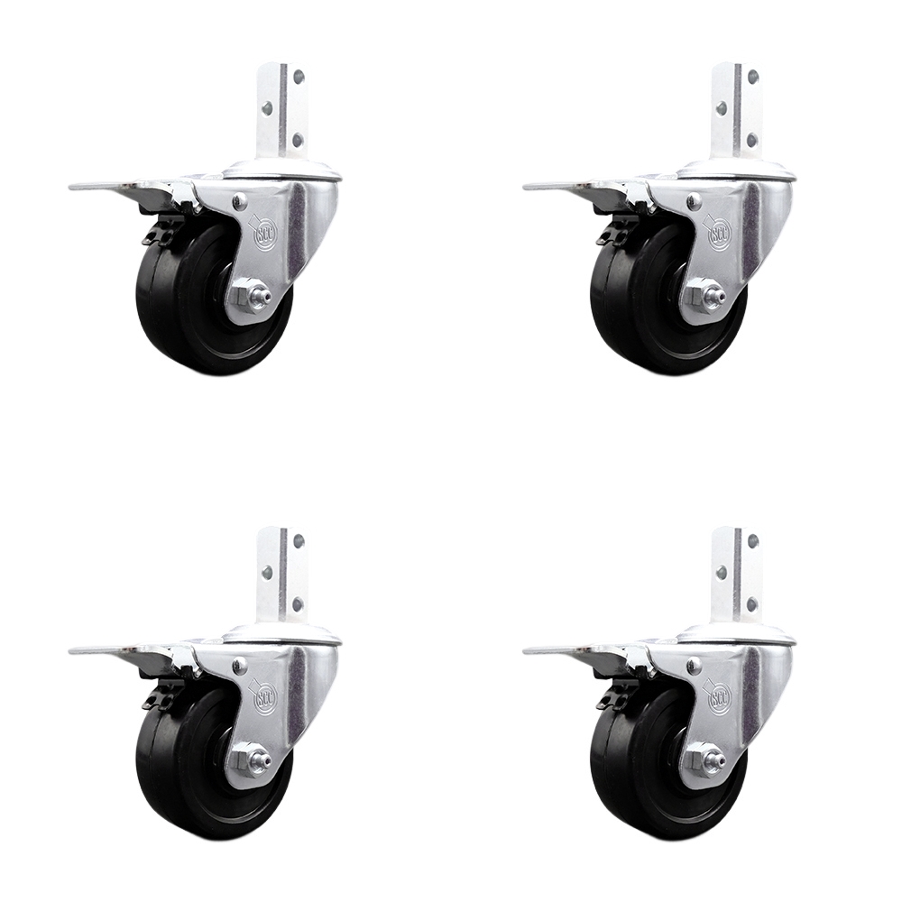 Swivel Square Stem Caster Set 4 w/3” x 1.25” Black Soft Rubber Wheel-7/8” x 2” Square Stem with (3) 17/64” Diameter Mounting Holes-Includes 4 Total Lock Brakes-700lbs. Cpty/Caster-Service Caster Brand — photo 1