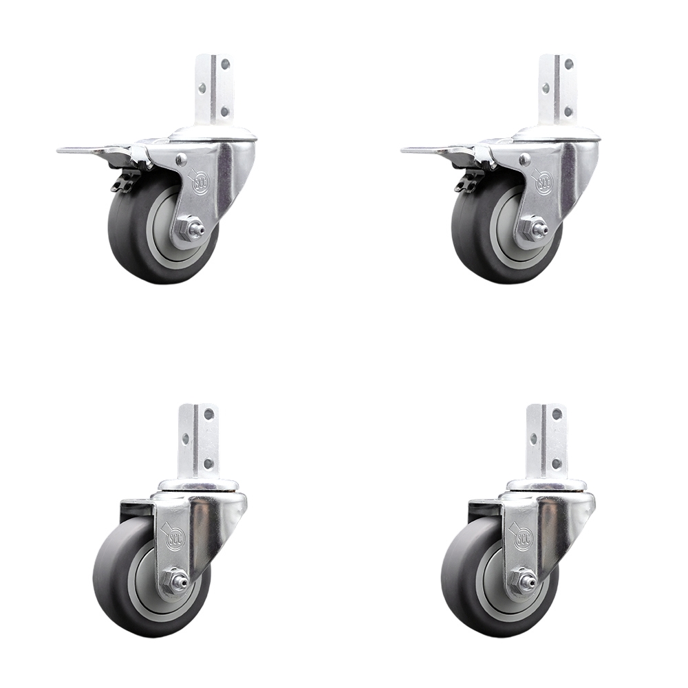 Swivel Square Stem Caster Set 4 w/3” x 1.25” Gray Thermoplastic Rubber Wheel - 3/4” x 2” Square Stem with (3) 17/64” Diameter Mounting Holes - Includes 2 Total Lock Brakes - Service Caster Brand — photo 1