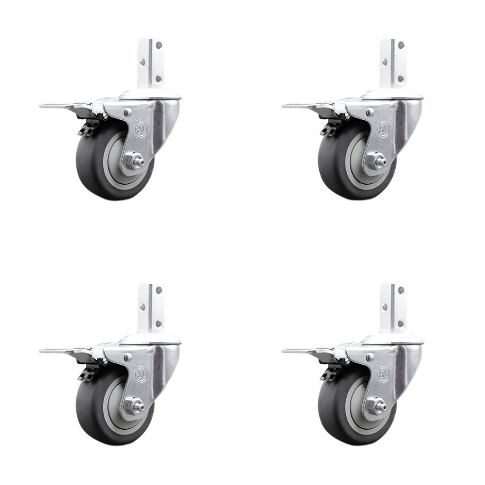 Swivel Square Stem Caster Set 4 w/3” x 1.25” Gray Thermoplastic Rubber Wheel - 7/8” x 2” Square Stem with (3) 17/64” Diameter Mounting Holes - Includes 4 Total Lock Brakes - Service Caster Brand — photo 1