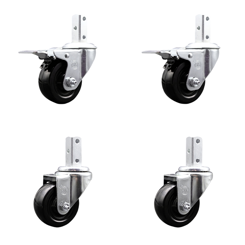 Swivel Square Stem Caster Set 4 w/3.5” x 1.25” Black Hard Rubber Wheel-7/8” x 2” Square Stem with (3) 17/64” Diameter Mounting Hole-Include 2 Total Lck Brakes-1140lbs. Cpty/Caster-Service Caster Brand — photo 1