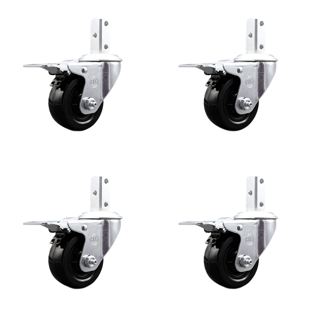 Swivel Square Stem Caster Set 4 w/3.5” x 1.25” Black Hard Rubber Wheel-7/8” x 2” Square Stem with (3) 17/64” Diameter Mounting Hole-Include 4 Total Lck Brakes-1140lbs. Cpty/Caster-Service Caster Brand — photo 1