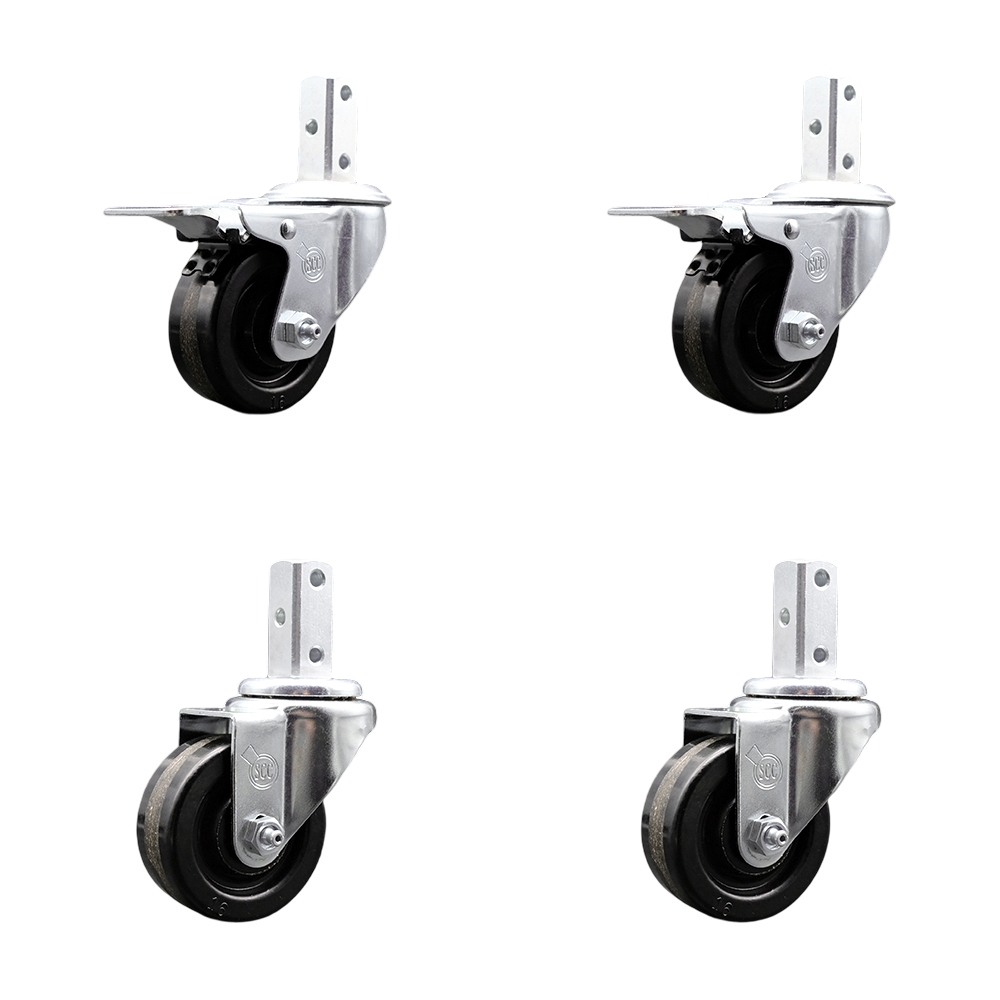 Swivel Square Stem Caster Set 4 w/3.5” x 1.25” Black Phenolic Wheel-3/4” x 2” Square Stem with (3) 17/64” Diameter Mounting Holes-Includes 2 Total Lock Brakes-1200lbs. Cpty/Caster-Service Caster Brand — photo 1