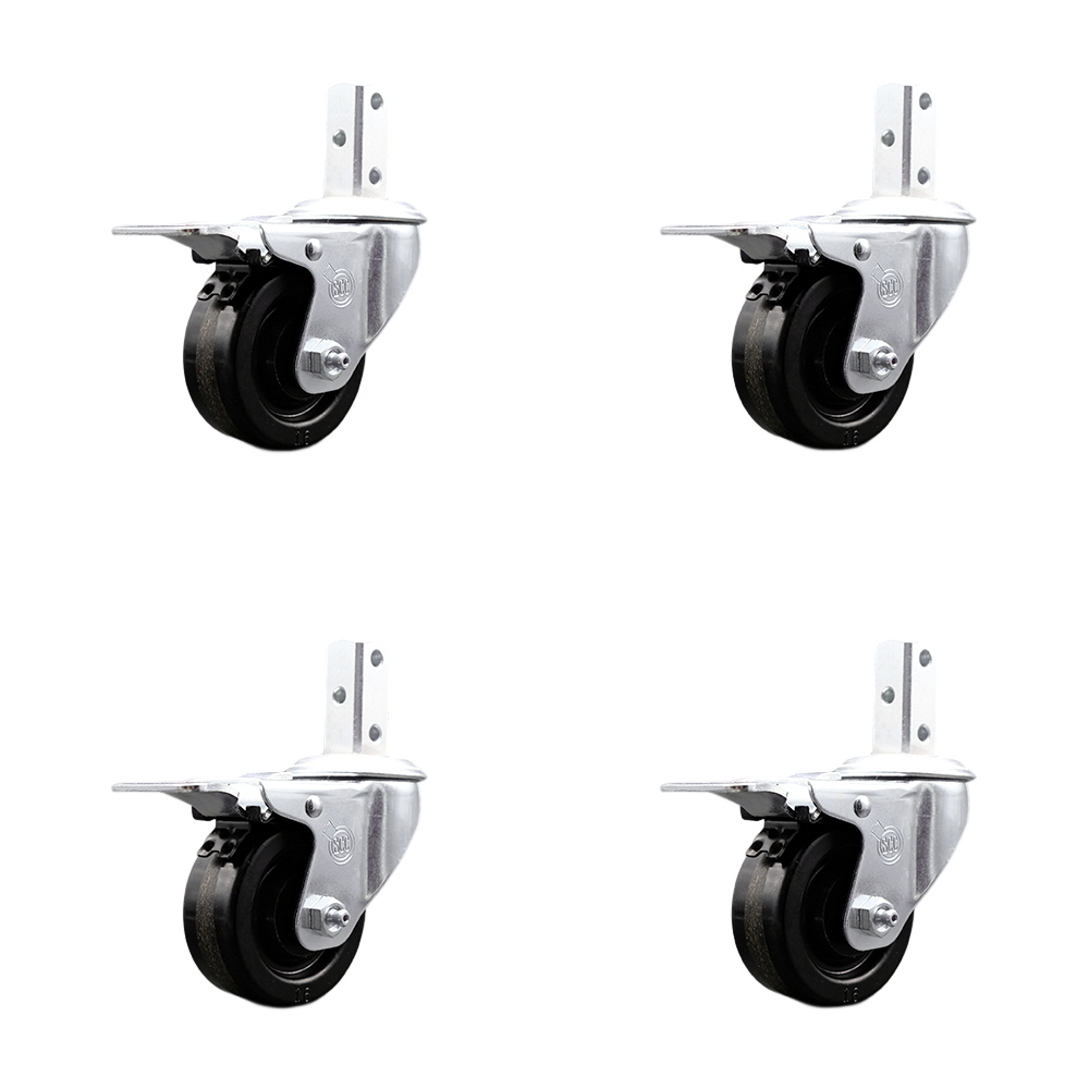 Swivel Square Stem Caster Set 4 w/3.5” x 1.25” Black Phenolic Wheel-3/4” x 2” Square Stem with (3) 17/64” Diameter Mounting Holes-Includes 4 Total Lock Brakes-1200lbs. Cpty/Caster-Service Caster Brand — photo 1