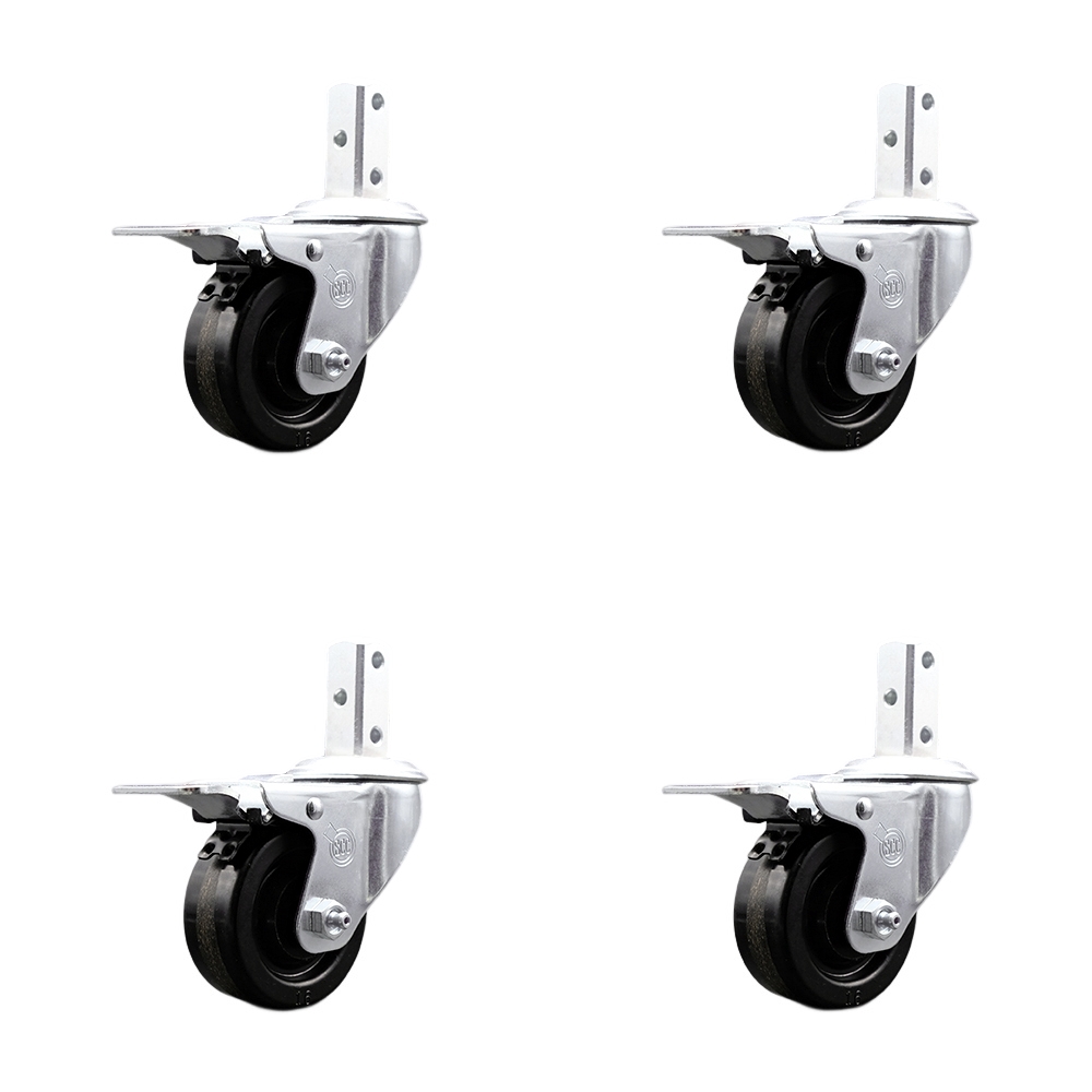 Swivel Square Stem Caster Set 4 w/3.5” x 1.25” Black Phenolic Wheel-7/8” x 2” Square Stem with (3) 17/64” Diameter Mounting Holes-Includes 4 Total Lock Brakes-1200lbs. Cpty/Caster-Service Caster Brand — photo 1