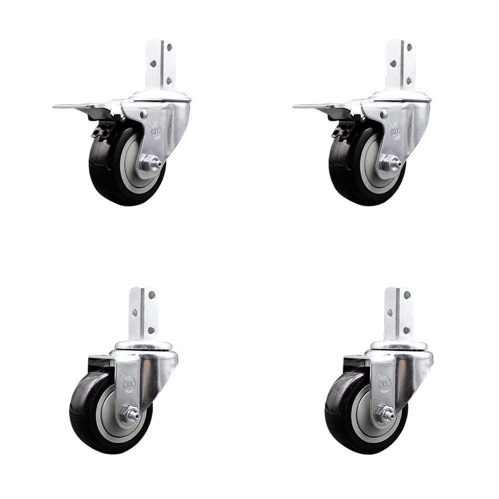 Swivel Square Stem Caster Set 4 w/3.5” x 1.25” Black Poly Wheel - 7/8” x 2” Square Stem with (3) 17/64” Diameter Mounting Holes-Includes 2 Total Lock Brakes-1200lbs. Cpty/Caster - Service Caster Brand — photo 1