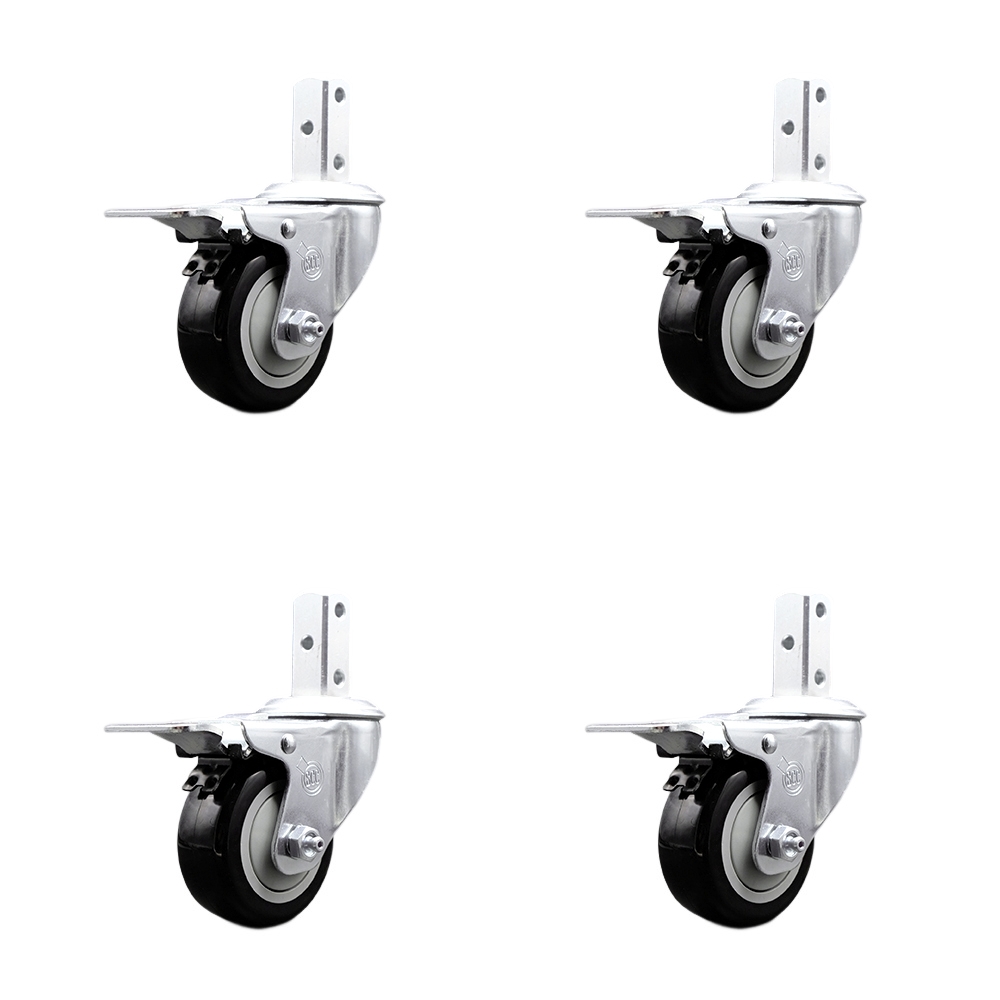 Swivel Square Stem Caster Set 4 w/3.5” x 1.25” Black Poly Wheel - 7/8” x 2” Square Stem with (3) 17/64” Diameter Mounting Holes-Includes 4 Total Lock Brakes-1200lbs. Cpty/Caster - Service Caster Brand — photo 1