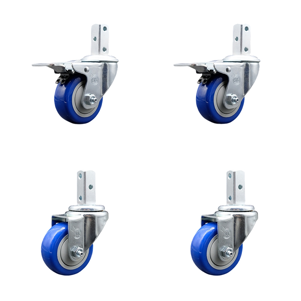 Swivel Square Stem Caster Set 4 w/3.5” x 1.25” Blue Poly Wheel - 7/8” x 2” Square Stem with (3) 17/64” Diameter Mounting Holes-Includes 2 Total Lock Brakes-1200lbs. Cpty/Caster - Service Caster Brand — photo 1
