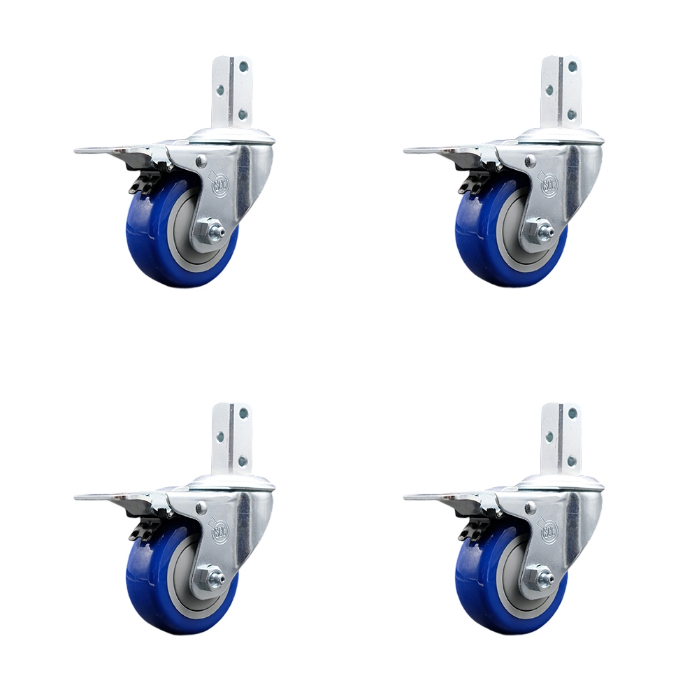 Swivel Square Stem Caster Set 4 w/3.5” x 1.25” Blue Poly Wheel - 7/8” x 2” Square Stem with (3) 17/64” Diameter Mounting Holes-Includes 4 Total Lock Brakes-1200lbs. Cpty/Caster - Service Caster Brand — photo 1